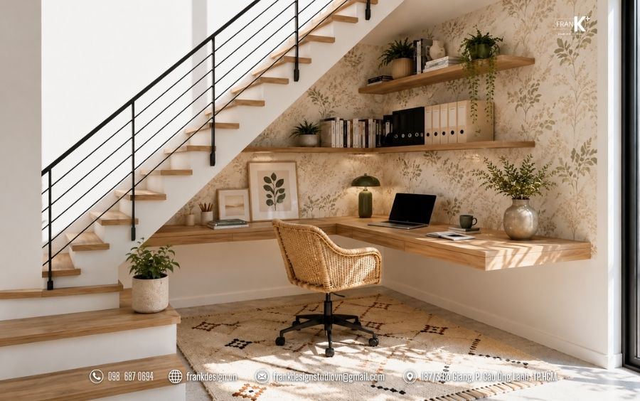 Góc làm việc dưới gầm cầu thang với thiết kế gọn gàng, hiện đại, nhỏ gọn nhưng đầy đủ tiện nghi
