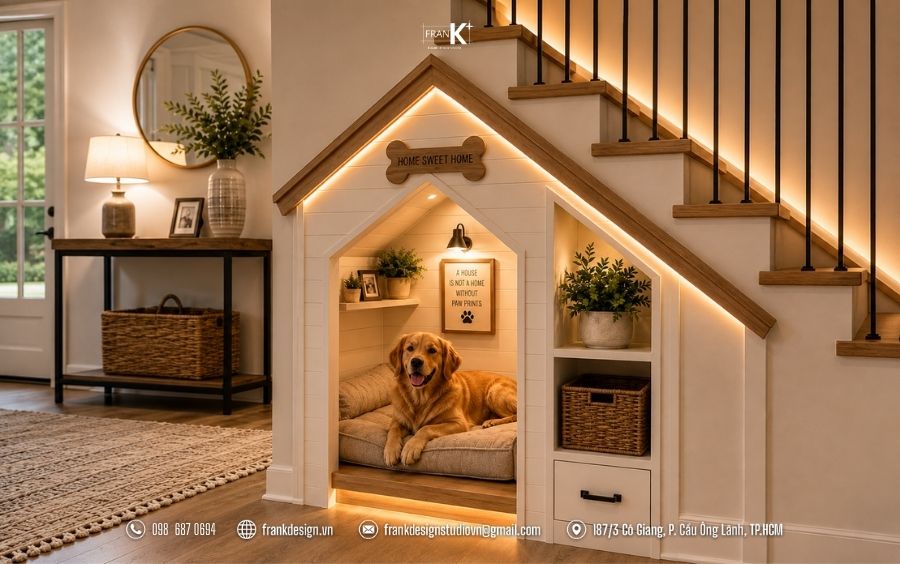 Góc trú ẩn gọn gàng và ngăn nắp cho pet, tô điểm sinh động cho tổng thể ngôi nhà