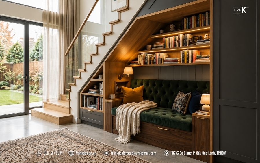 Chiếc sofa nhỏ gọn kết hợp gối tựa mềm mại, biến góc khuất thành nơi thư giãn lý tưởng