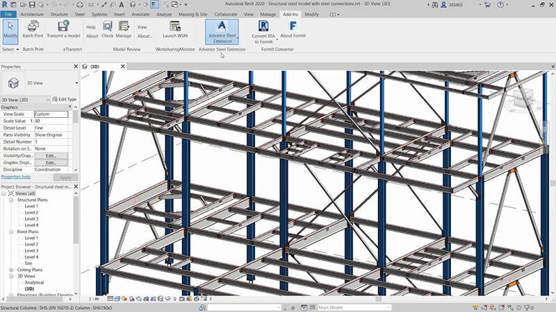 Revit Structure giúp tạo hệ thống kết cấu của công trình như bê tông, thép, cột, dầm