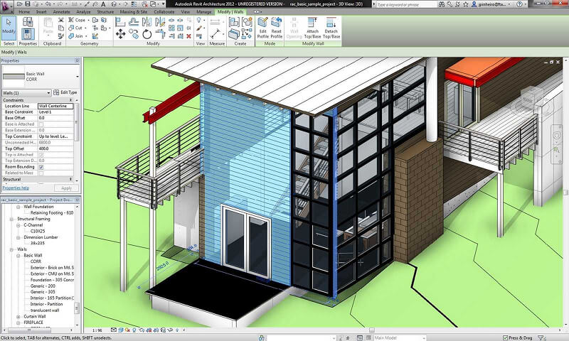 Revit Architecture tạo các tường, cửa sổ, mái nhà và các yếu tố kiến trúc khác