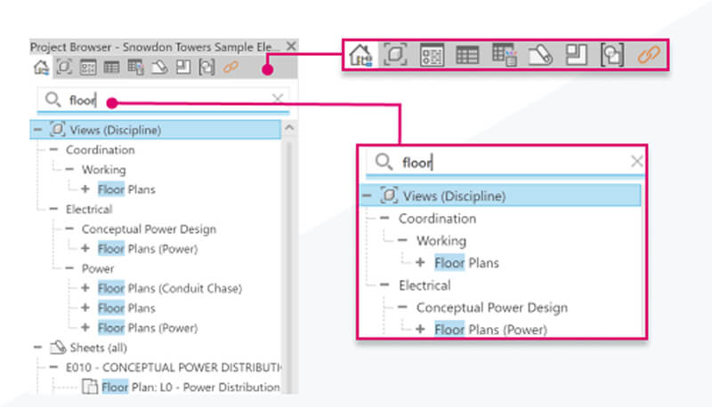 Thanh tìm kiếm Project Browser được bổ sung trong công cụ hỗ trợ thiết kế