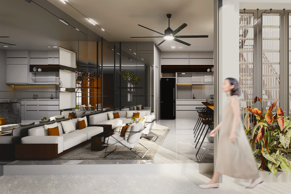 Phòng khách nội thất gỗ ấm tại nhà phố Quận 8