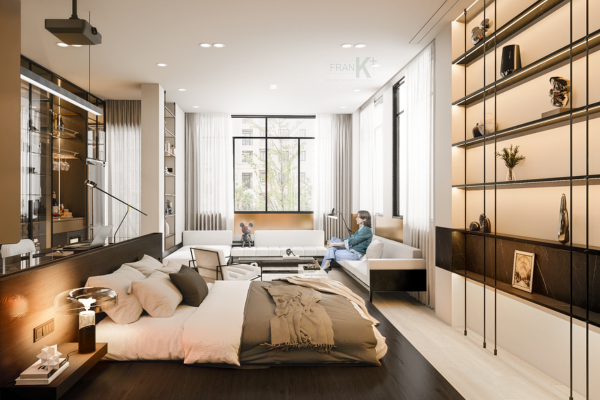 Phòng ngủ chính với cửa kính lớn hướng ra cây xanh