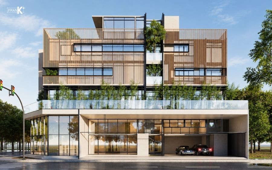 Thiết kế mặt đứng nhà phố 2 mặt tiền Nexus House với lam che nắng và cửa kính
